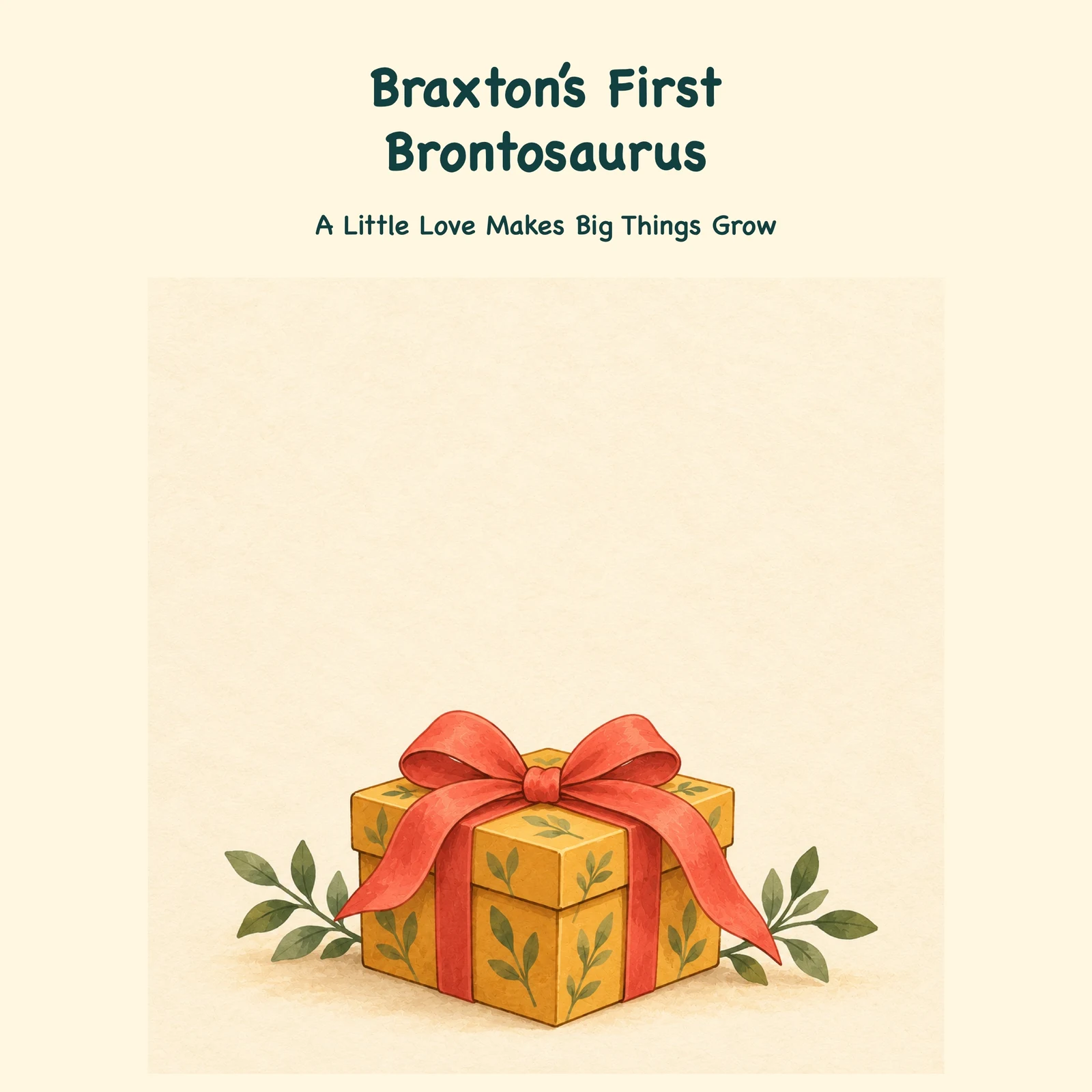 A wrapped golden gift with a red bow and green leaves.